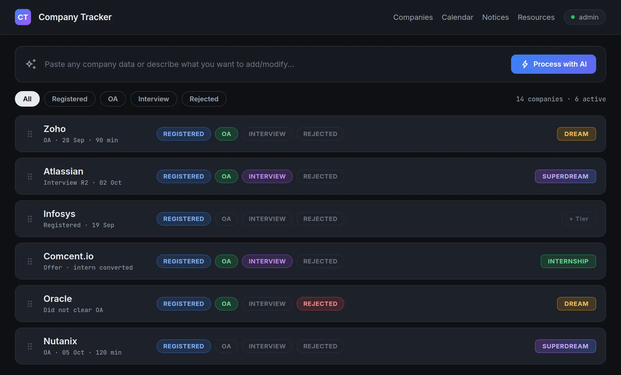 Company Tracker - Placement Prep Dashboard interface