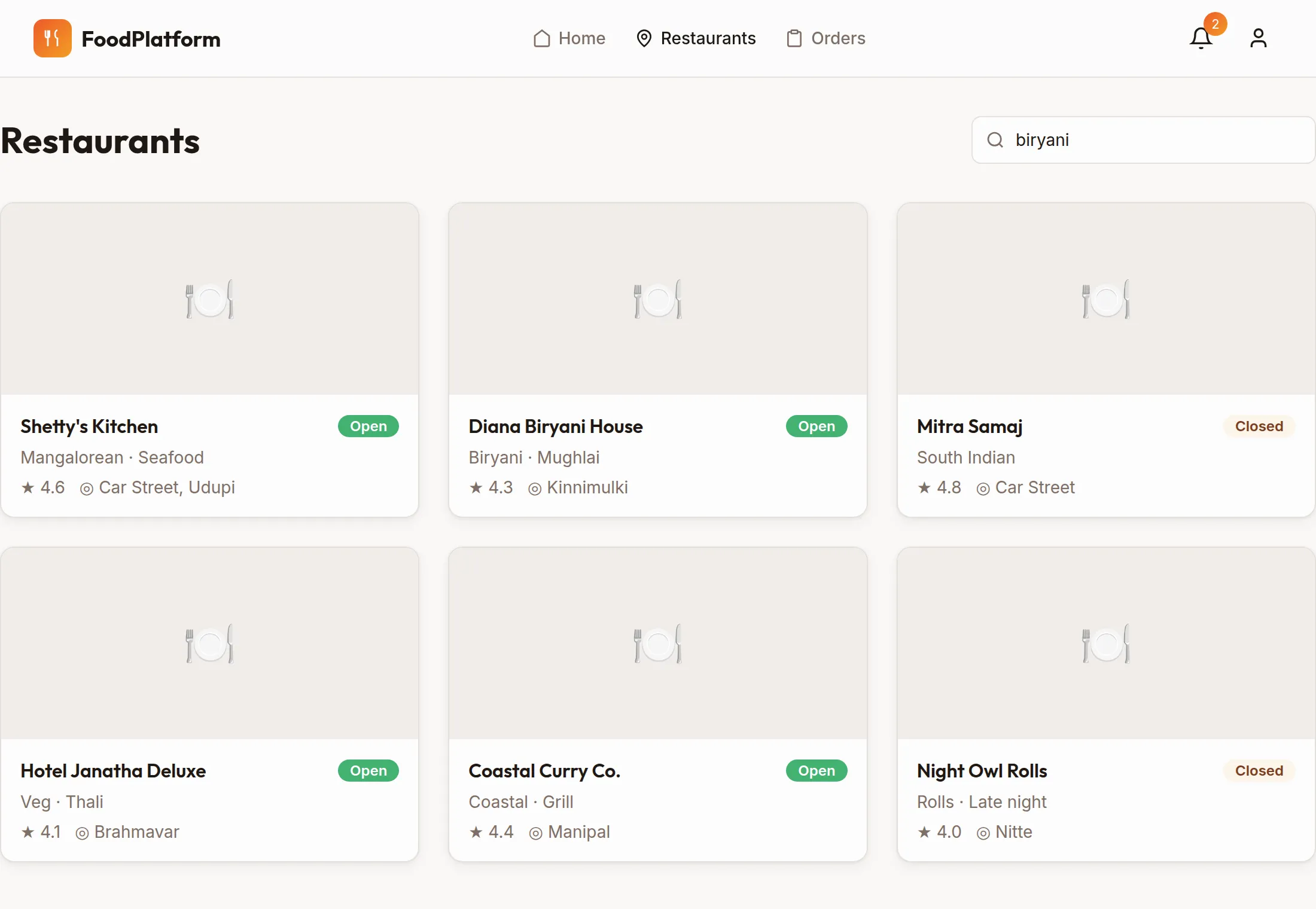 Scalable Food Ordering Platform interface