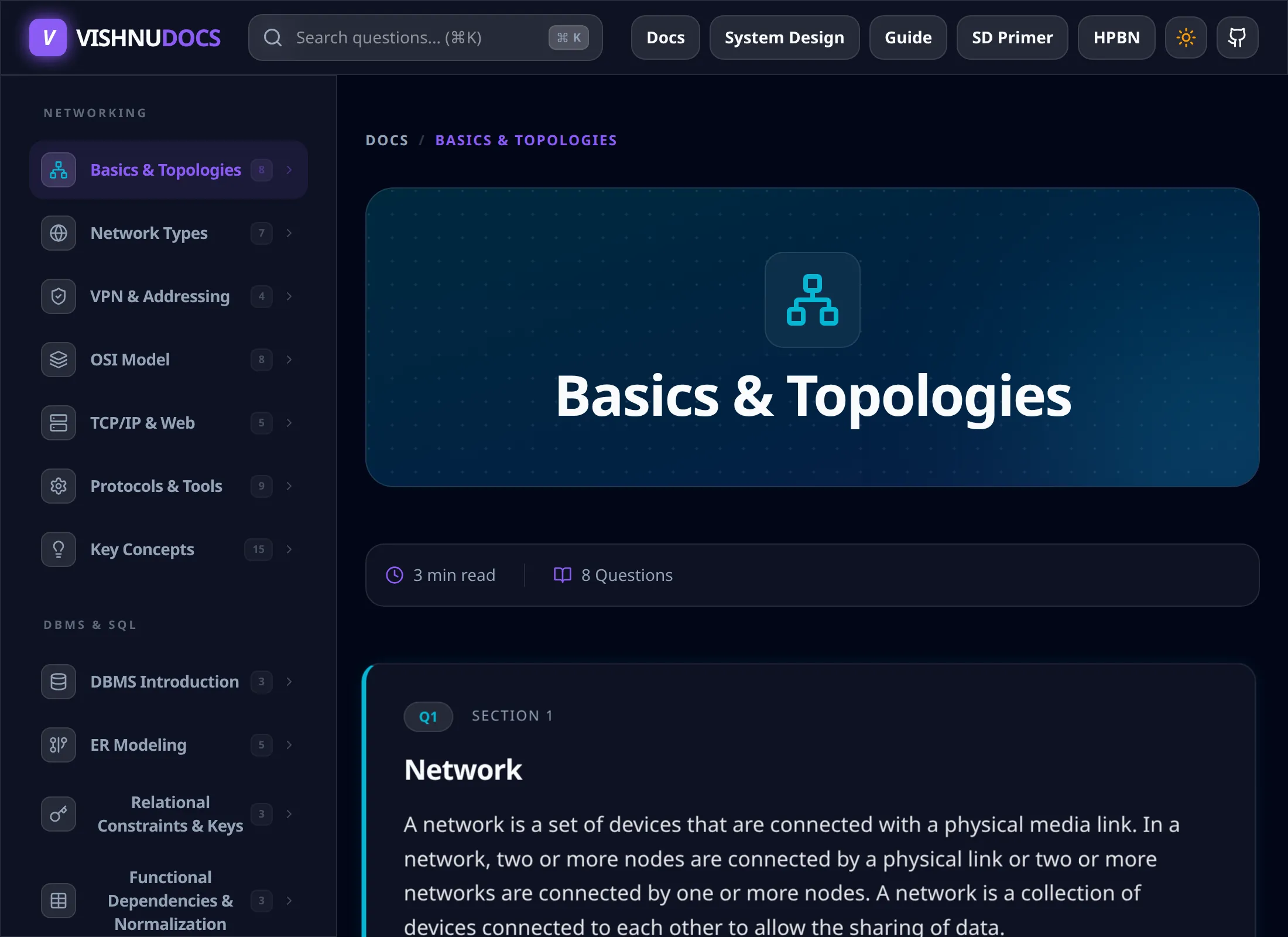 VishnuDocs - Core CS Revision Site interface